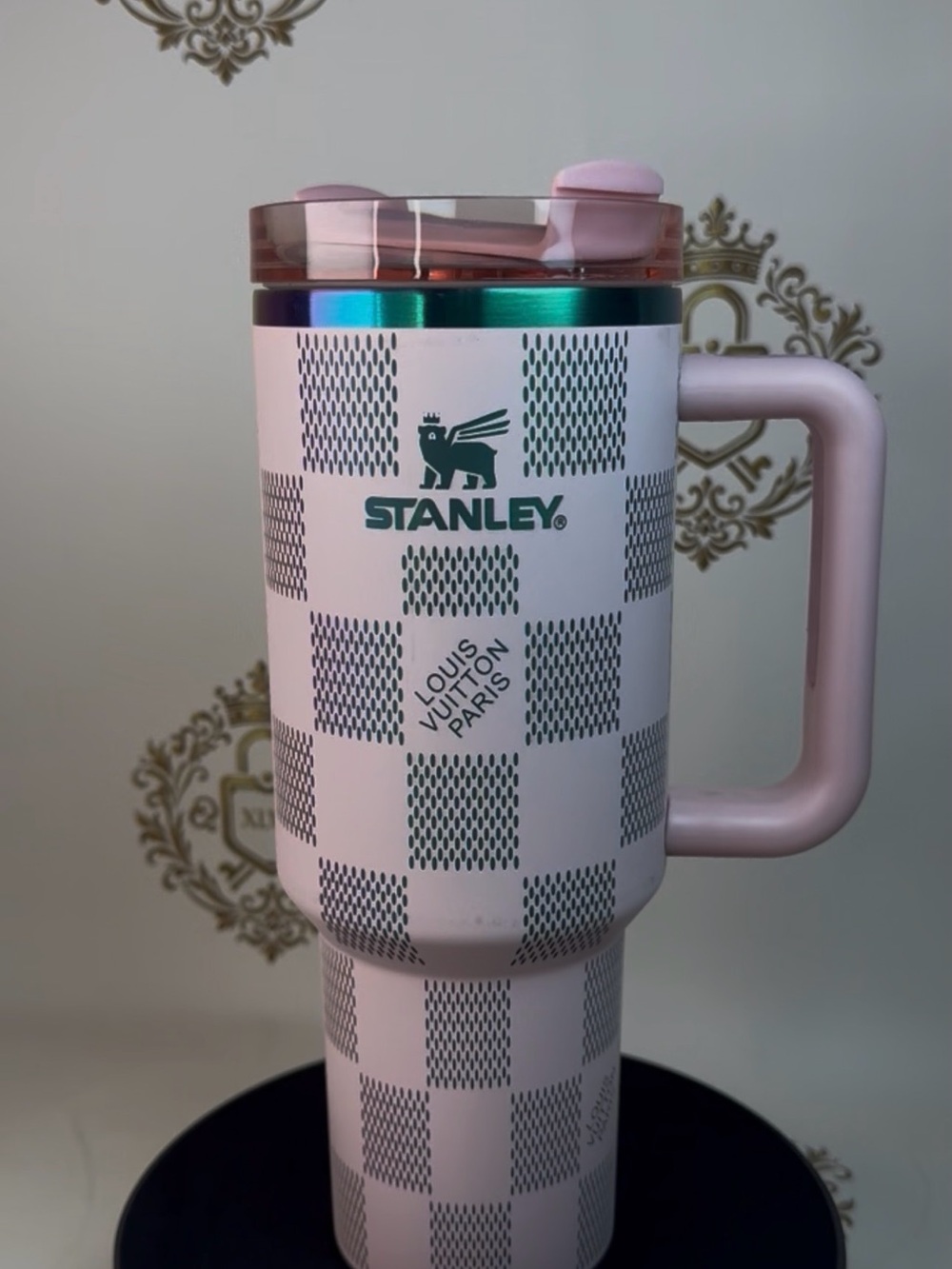 Stanley Pink and Teal Check Travel Mug with Handle